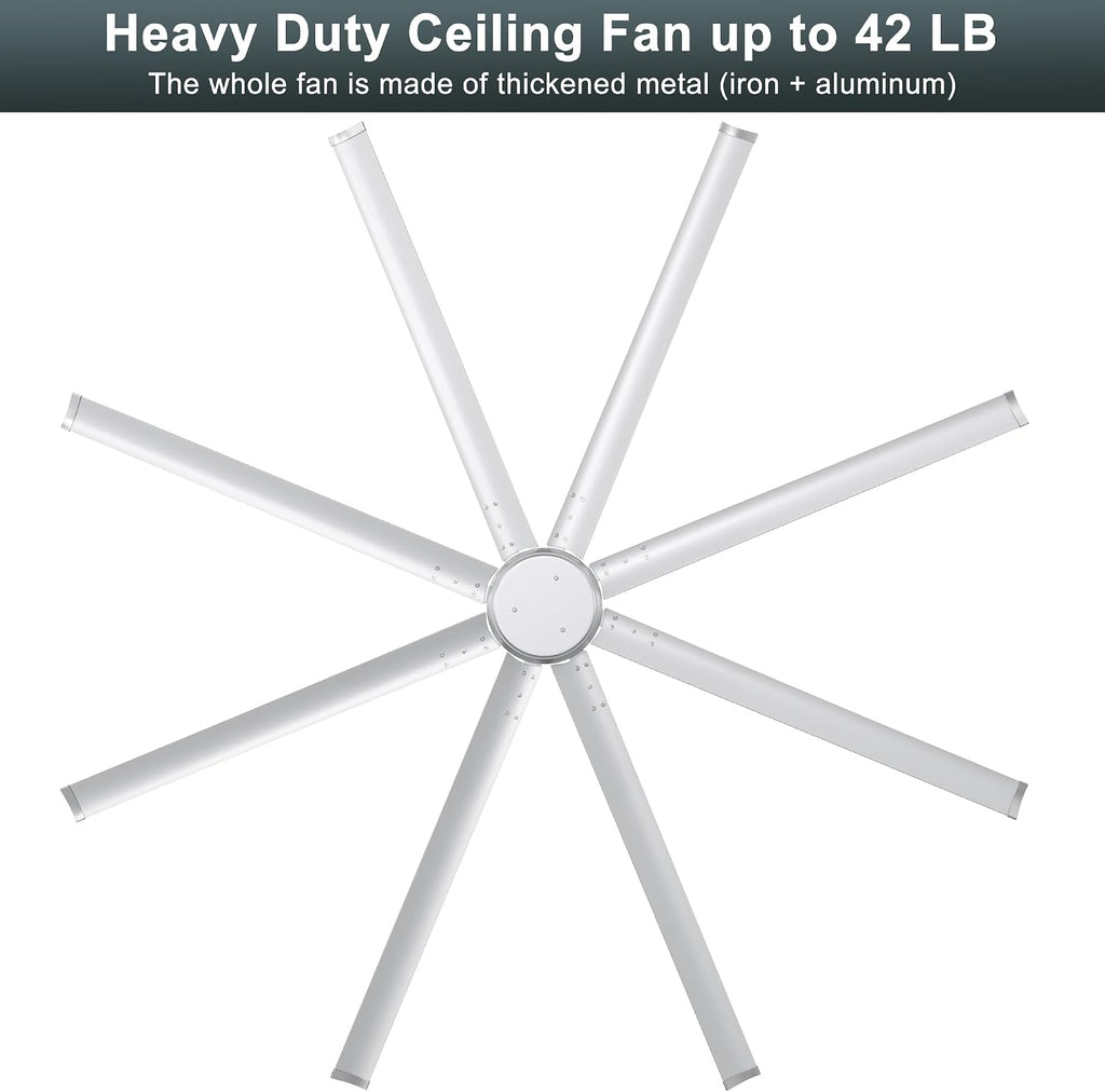 Ohniyou 96'' Industrial Ceiling Fan No Light - High CFM Large Metal Fan with 8 Aluminum Blades, Remote/APP Controlled, DC Motor, for Shop, Warehouse, Gym, Silver