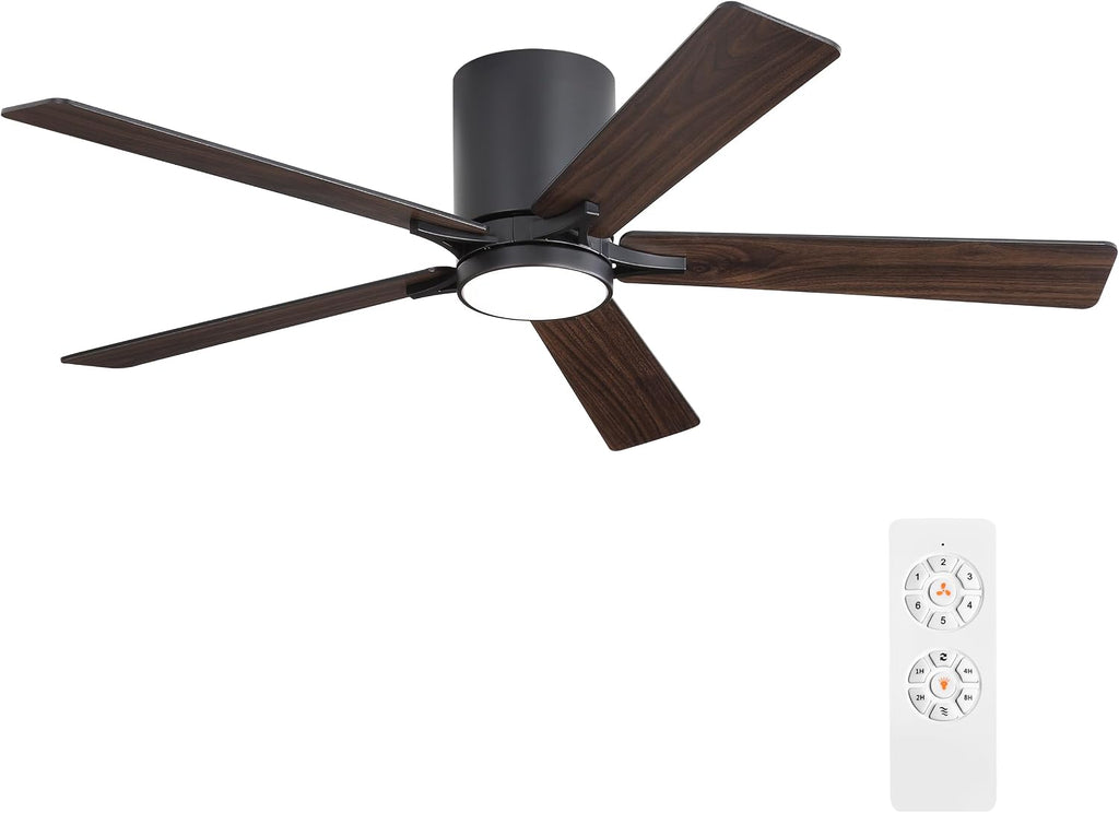 WINGBO 48' DC Flush Mount Ceiling Fan with Lights, 6-Speed Reversible DC Motor, 3CCT, Low Profile Hugger Ceiling Fan for Living Room Bedroom Kitchen, Black Finish and Black/Walnut Blades