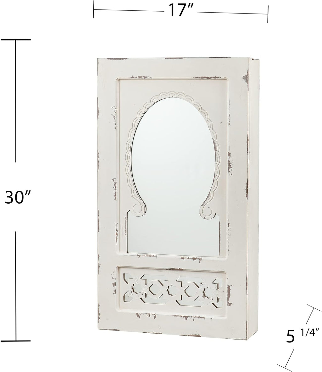 SEI Furniture - Gilmore Shabby Chic Wall Mount Jewelry Mirror - Transitional Design, White Iron and Wood - Fully Assembled - Ideal for Bedroom, Living Room (JS5532)