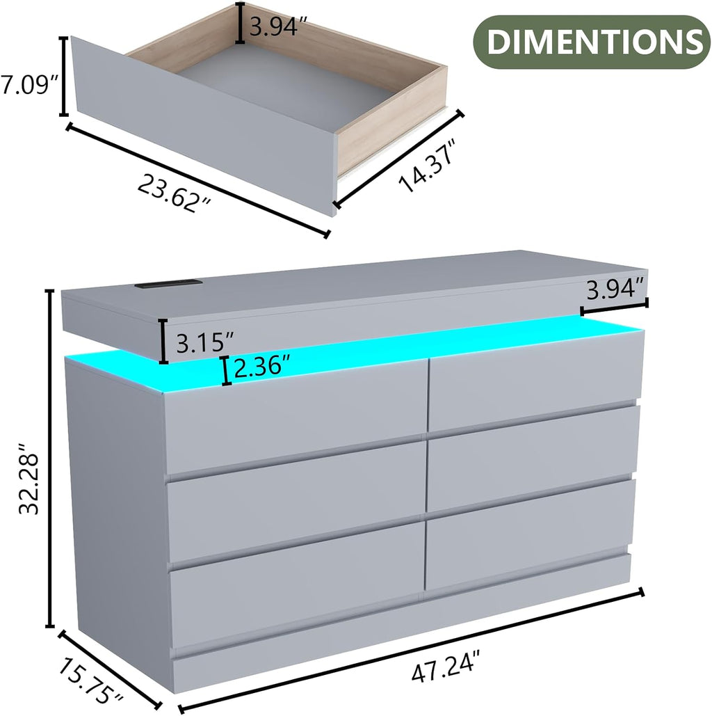 Gyfimoie 6 Drawer Dresser with Power Outlet, Dresser with LED Light, Modern Chest of Drawers for Closet, Double Wide Drawer Organizer Cabinet for Bedroom, Living Room (Grey, 6 Drawers)