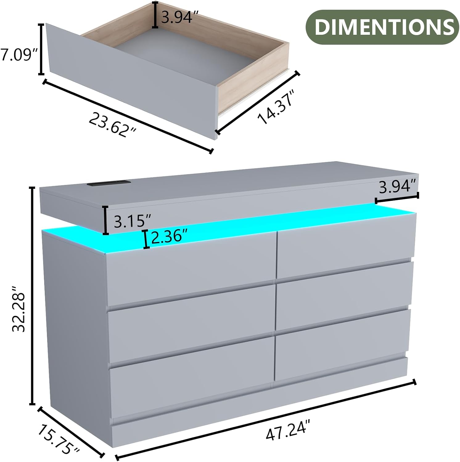 Gyfimoie 6 Drawer Dresser with Power Outlet, Dresser with LED Light, Modern Chest of Drawers for Closet, Double Wide Drawer Organizer Cabinet for Bedroom, Living Room (Grey, 6 Drawers)