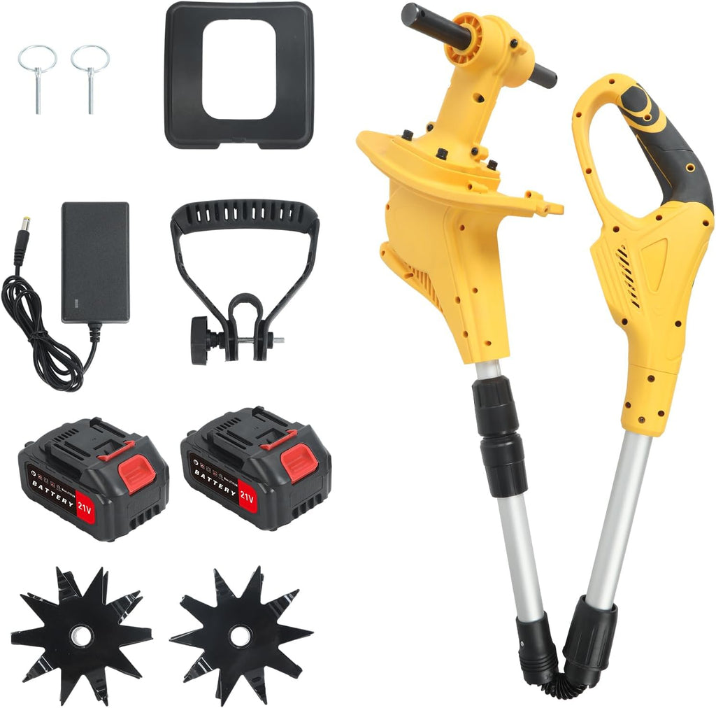 21V Cordless Tiller Cultivator, Battery Powered Electric Tiller with 9-Inch Tilling Width & 6.6-Inch Depth, 310RPM, 48 Steel Tines, 2x3000mAh Batteries, Max Power 500W (Yellow)