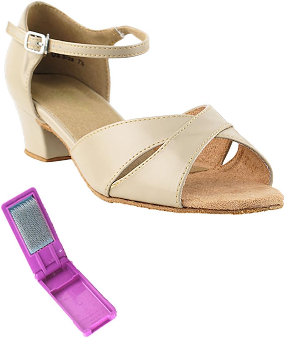Very Fine Dance Shoes - Ladies Practice, Cuban Low Heel Ballroom Dance Shoes - 803-1.5-inch Heel and Foldable Brush Bundle - Tan Leather - 6