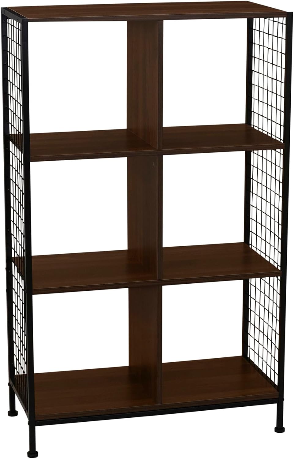 Household Essentials Trellis Open Storage Bookshelf with 6 Cube Compartments Mid Century Walnut Wood Grain and Black Metal