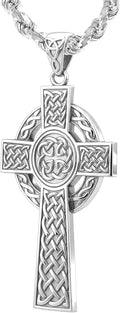 US Jewels Men's 925 Sterling Silver 43mm High Polished Irish Celtic Knot Cross Religious Pendant Necklace, 22in to 26in