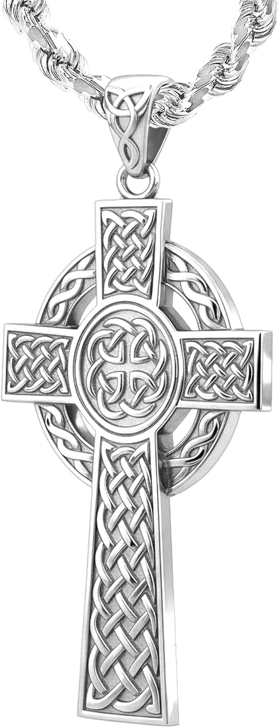 US Jewels Men's 925 Sterling Silver 43mm High Polished Irish Celtic Knot Cross Religious Pendant Necklace, 22in to 26in