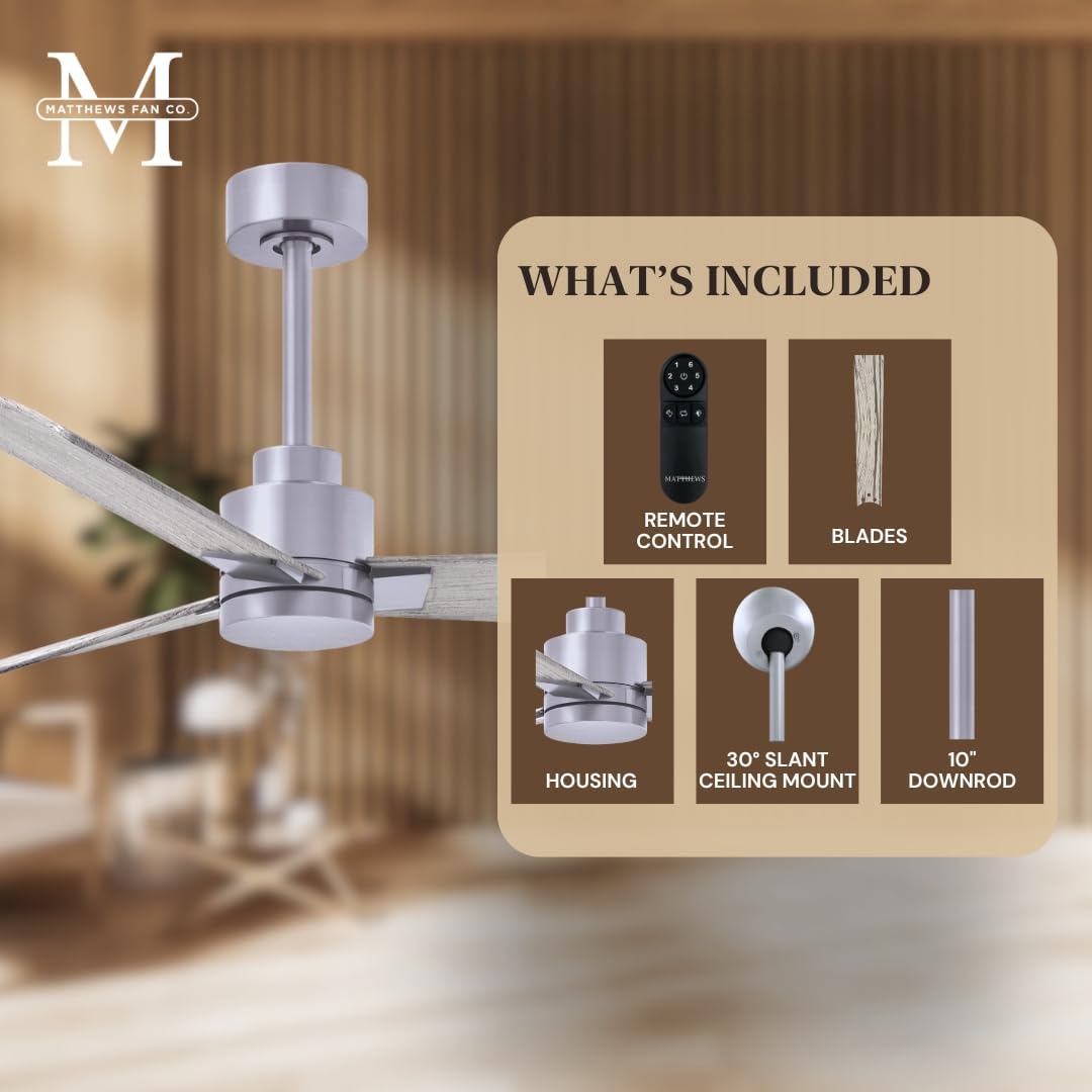 Matthews AK-BN-BW-42 Alessandra Wet Rated 42' Outdoor Ceiling Fan without Light, Remote Included, Silent DC Motor, Brushed Nickel with Barn Wood Tone