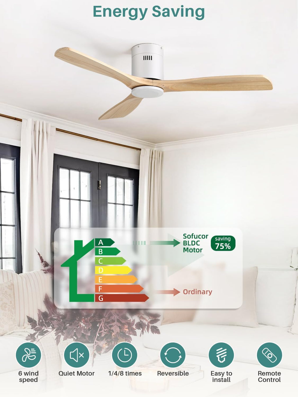 Sofucor 52 Inch Solid Wood Ceiling Fan Without Lights Flush Mount Ceiling Fans with Remote Control-Wood Blades Modern Outdoor Ceiling Fan No Light for Bedroom/Living Room/Patio/Indoor,Natural Wood