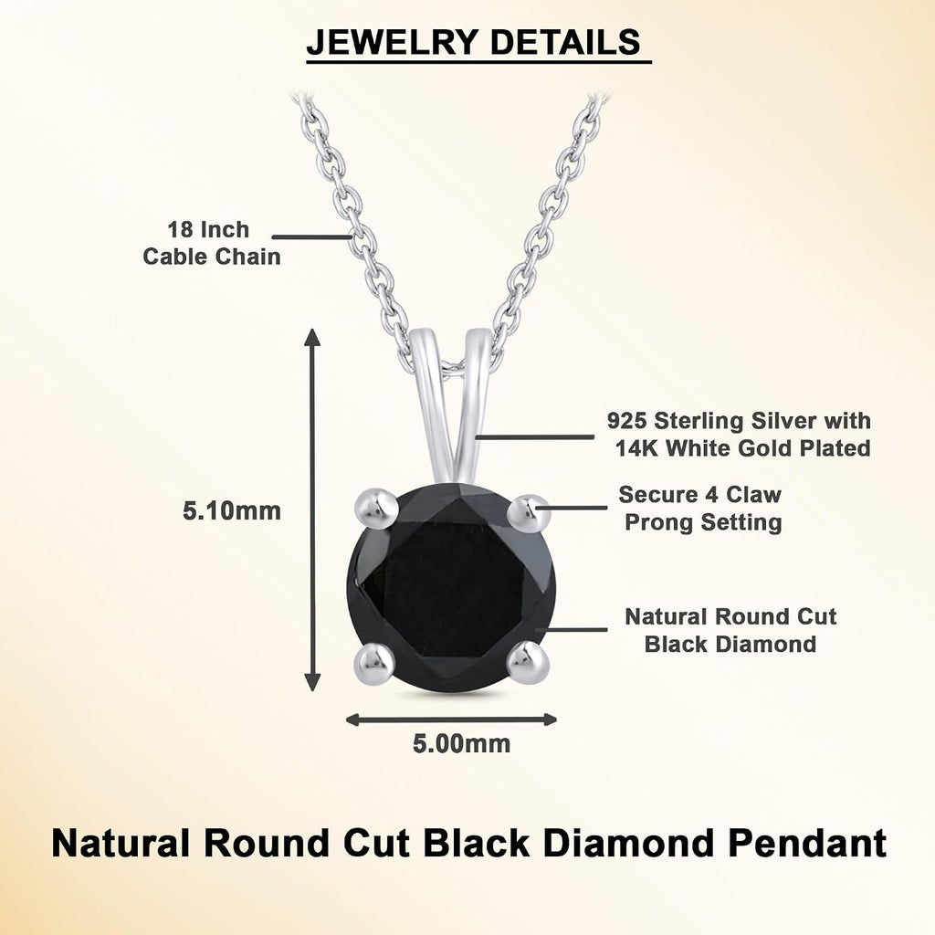 DEWBERRY 1/4 cttw to 2.00 cttw Round Black Diamond Solitaire Pendant Necklace for Women Men | 4 Prong Lobster Lock 18' Cable Chain Necklace in 14KT White or Yellow Gold Plating 925 Silver Pendant