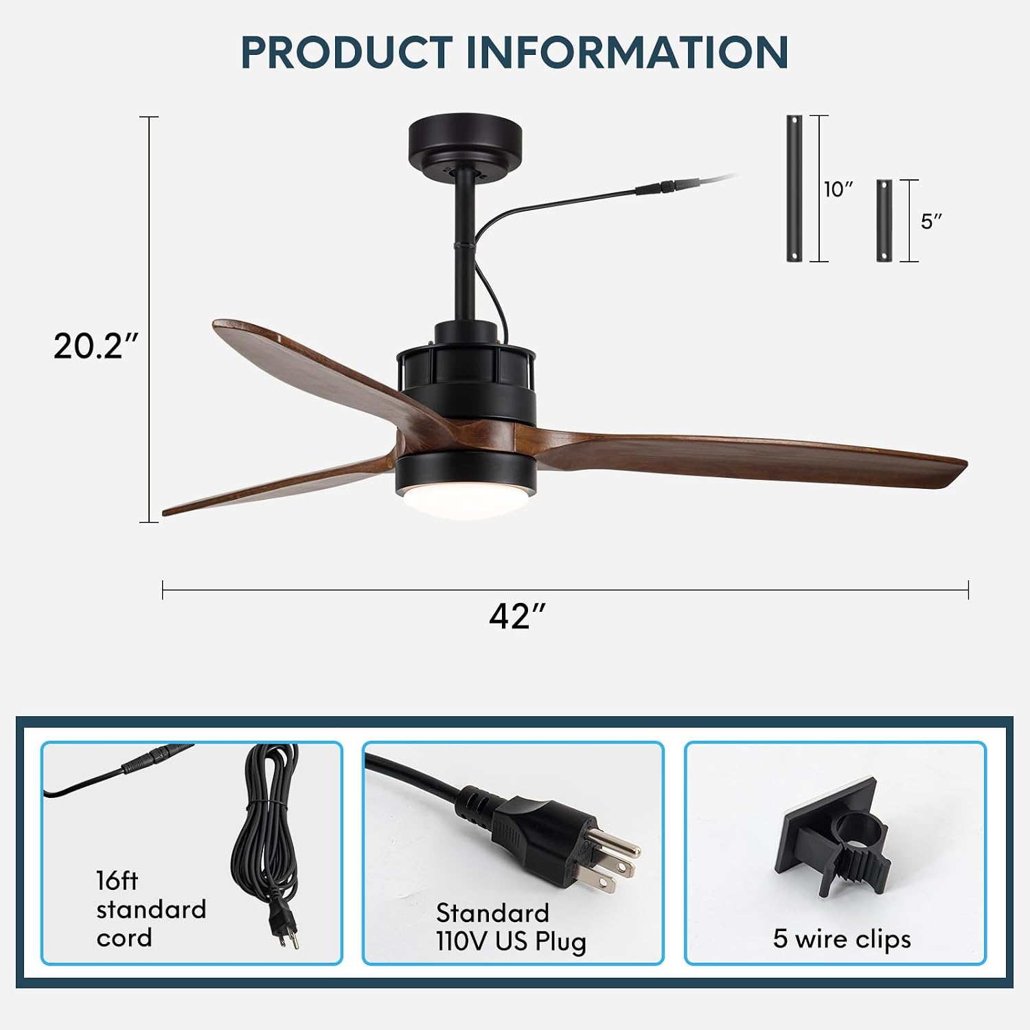 EKIZNSN 42 Inch Outdoor Wet Rated Ceiling Fans Waterproof for Patios/Gazebo/Pergola, with 16ft Extender Cord