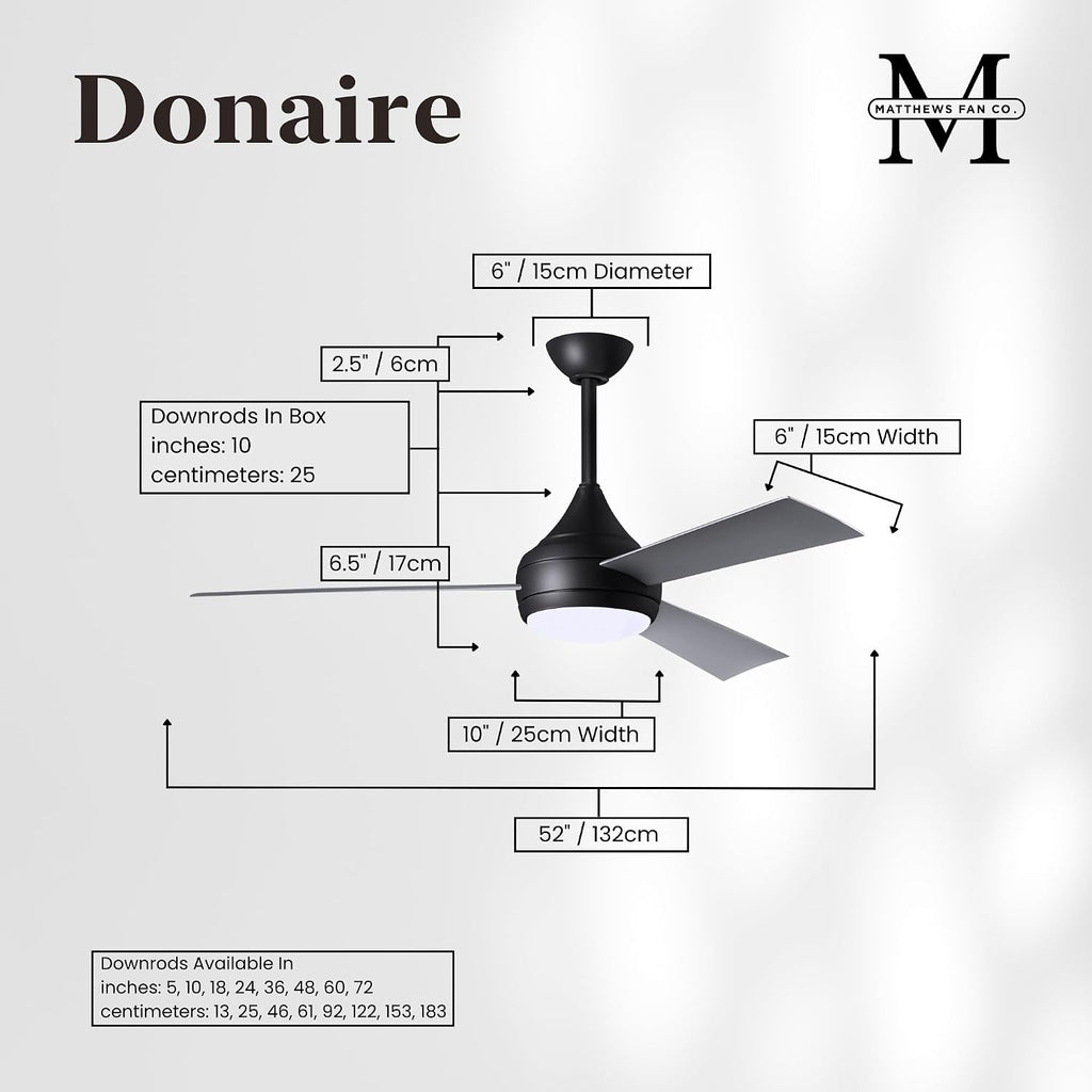 Matthews DA-BK-BS Donaire Outdoor Wet/Salt Water Rated 52' Marine-Grade Coastal Ceiling Fan with LED Light & Remote, Matte Black with Brushed Stainless