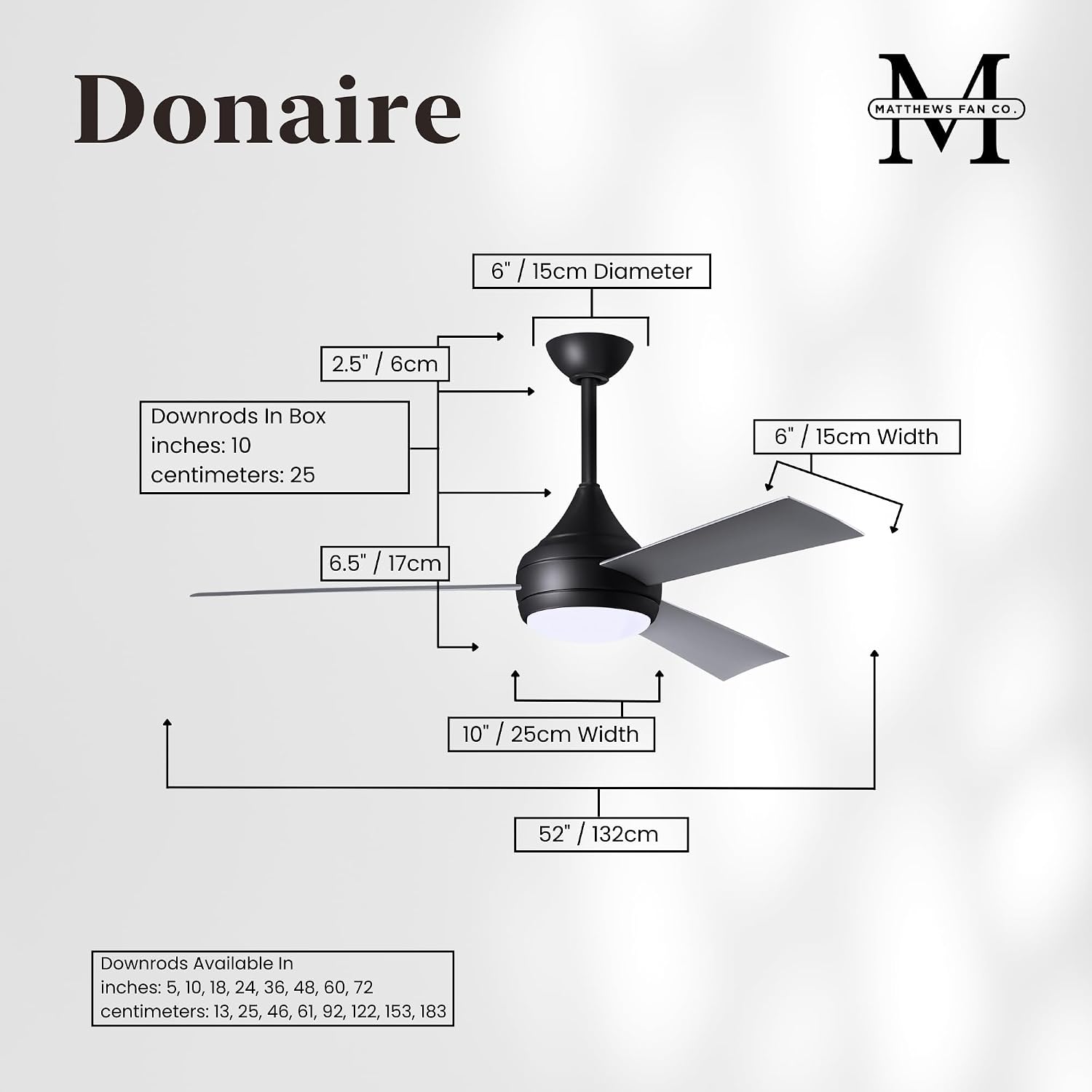 Matthews DA-BK-BS Donaire Outdoor Wet/Salt Water Rated 52' Marine-Grade Coastal Ceiling Fan with LED Light & Remote, Matte Black with Brushed Stainless