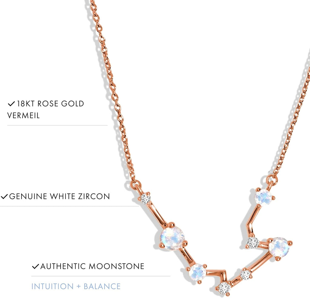Moon Magic Moonstone Zodiac Necklaces for Women | Constellation Necklace 925 Sterling Silver | 18k Rose and Yellow Gold Zodiac Sign Pendants | Authentic Real Dainty Moon Stone Jewelry for Women