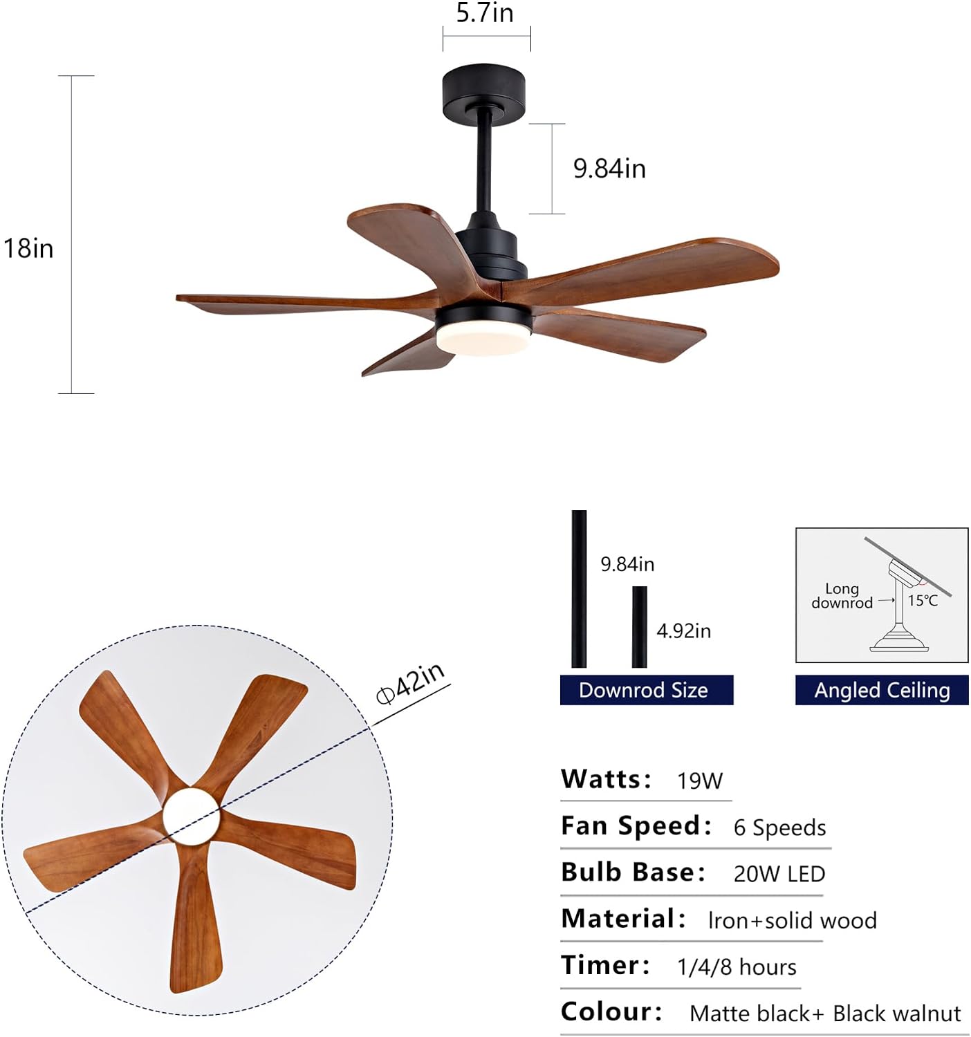 Modern Outdoor Ceiling Fan with Integrated LED Light and Remote Control for Covered Patios | 42-Inch Quiet Reversible DC Motor with Solid Wood Blades | Energy Efficient Farmhouse Style Air Circulation