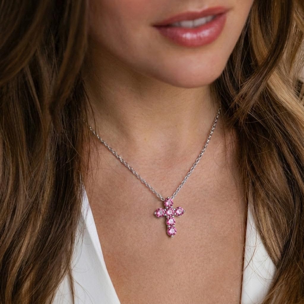 GOODSTONE JEWELS 925 Sterling Silver Cross Pendant Necklace for Women | Size 16+2 Inch Cable Chain with Lobster Clasp | Natural Birthstone Jewelry Gift for Her