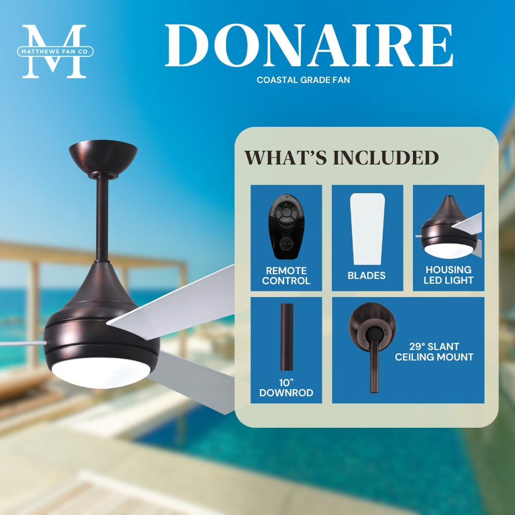 Matthews DA-BB-WH Donaire Outdoor Wet/Salt Water Rated 52' Marine-Grade Coastal Ceiling Fan with LED Light & Remote, Brushed Bronze with Gloss White