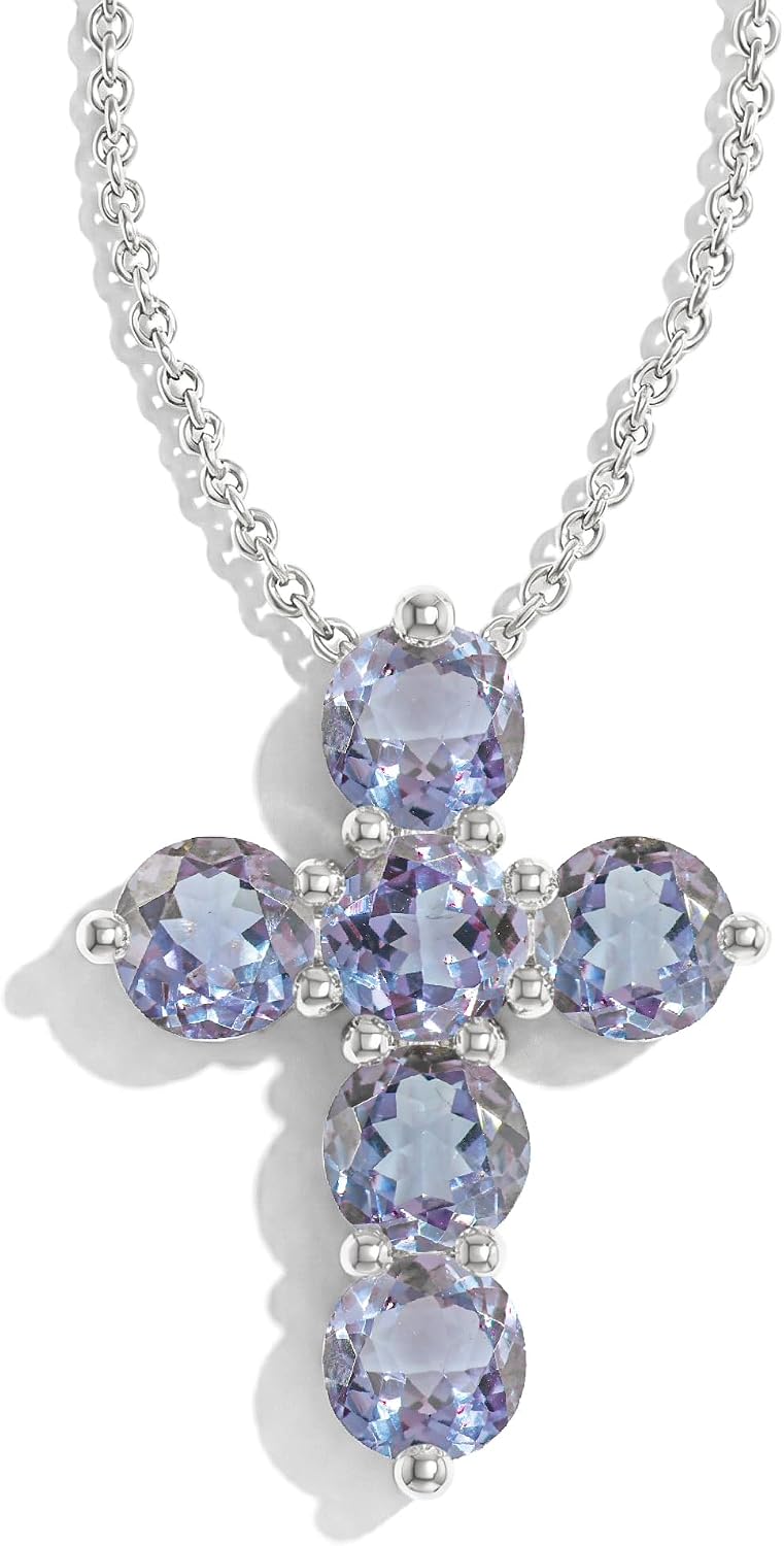 GOODSTONE JEWELS 925 Sterling Silver Cross Pendant Necklace for Women | Size 16+2 Inch Cable Chain with Lobster Clasp | Natural Birthstone Jewelry Gift for Her
