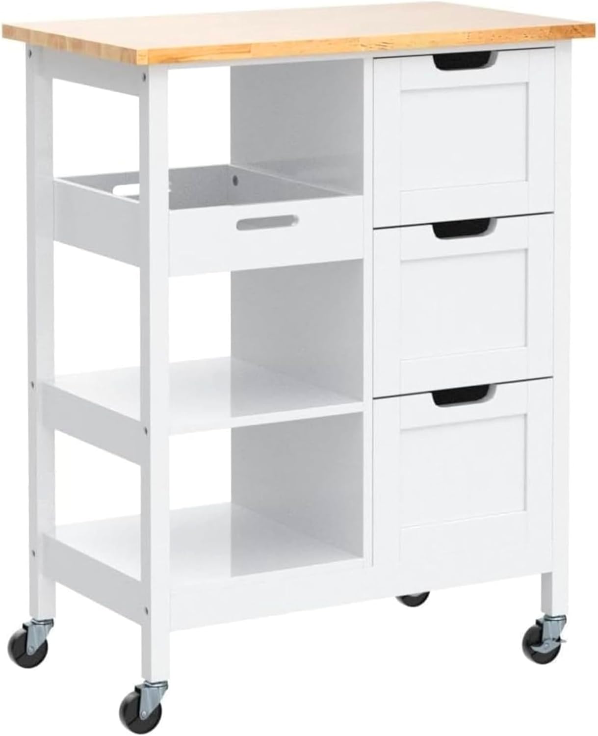 YITAHOME Small Solid Wood Top Kitchen Island Cart on Wheels with Storage, Rolling Portable Dining Room Serving Utility Carts Mobile Movable with 3 Drawers Cabinet, Oak & White
