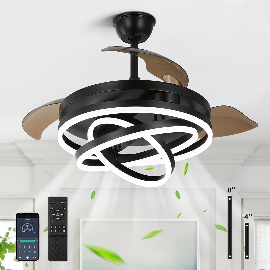 Retractable Ceiling Fan with Lights and Remote/APP Control,Dimmable,Timer Setting,6 Speed,42 Inch Modern Chandelier Ceiling Fan for Bedroom/Living Room/Kitchen/Kis Room/Patio