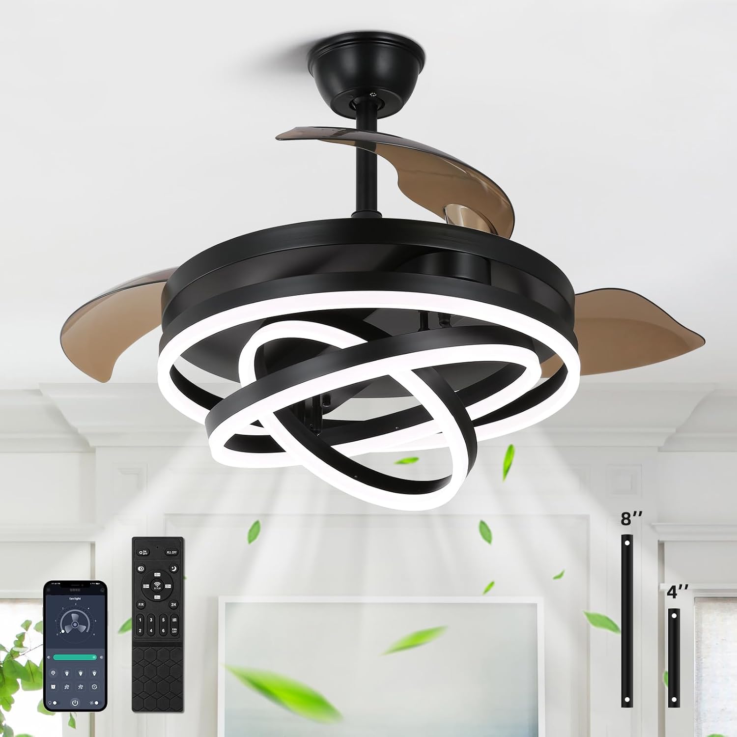 Retractable Ceiling Fan with Lights and Remote/APP Control,Dimmable,Timer Setting,6 Speed,42 Inch Modern Chandelier Ceiling Fan for Bedroom/Living Room/Kitchen/Kis Room/Patio