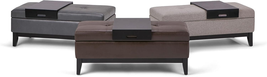 SIMPLIHOME Oregon Storage Ottoman Bench with Tray - 42 inch Wide Upholstered Vegan Leather Rectangle Storage Ottoman Bench in Stone Grey, Transitional Tufted Ottoman for Living Room with Lift-Up Lid