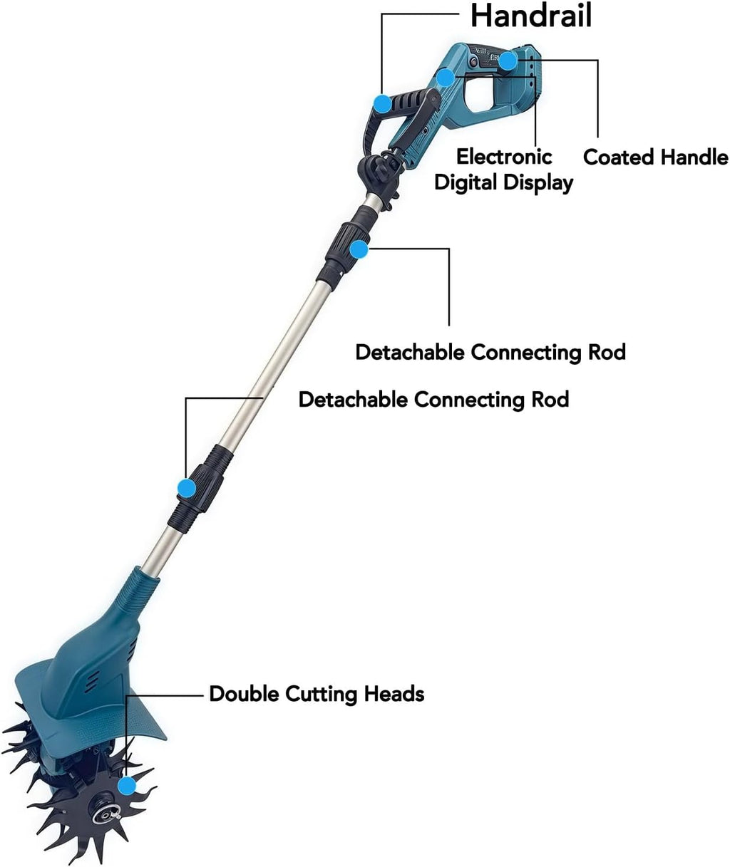 YWBL-WH Cordless Tiller, 500W Handheld Tiller with 5000mAh Battery, Lightweight Cultivator for Gardening Soil Cultivation, Cordless, Electric Rototiller (US Plug)