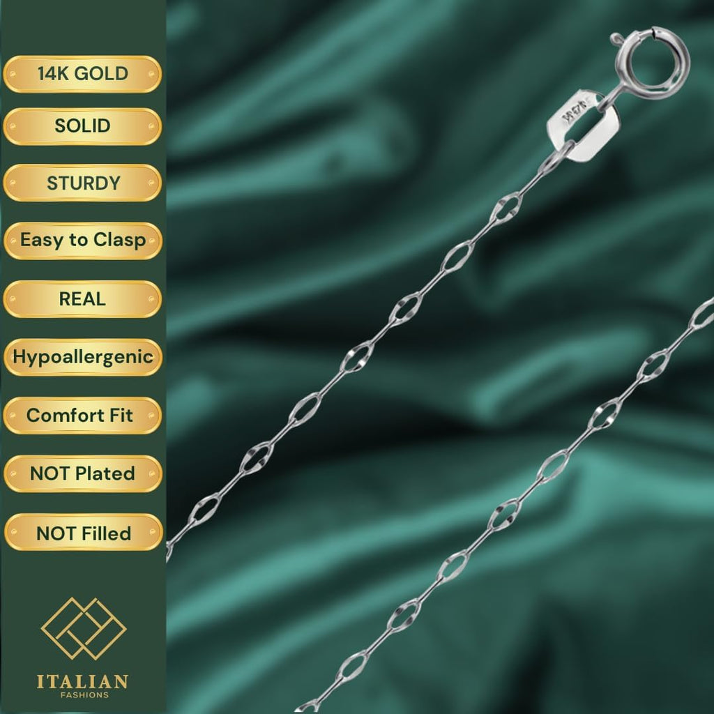 Italian Fashions 14K, 10K Yellow or White or Rose Solid Gold Italian Diamond Cut 0.8 mm-1.2 mm Rope and Mirror Cable Chain Necklace Thin & Strong gold chain Thin And Lightweight MADE IN ITALY