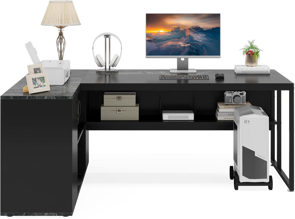 Little Tree 71-inch Executive Desk with File Cabinet, L-Shaped Computer Desk Office Desk with Drawers and Storage Shelves, Business Furniture Desk Workstation for Home Office, Balck