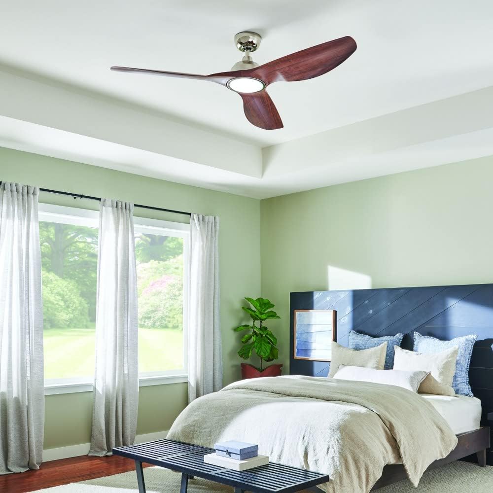 Kichler Imari 65 in 3-Blade Modern LED Indoor Outdoor Ceiling Fan with Light, Dimmable 2300 Lumens in Satin Black with Walnut Finish for Large Rooms, 300365SBK