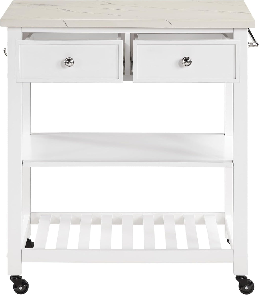 OSP Home Furnishings Litchfield Modern Farmhouse Kitchen Cart, Solid Wood Frame with Storage Drawers, Shelves, Locking Casters, White with Faux Marble Top