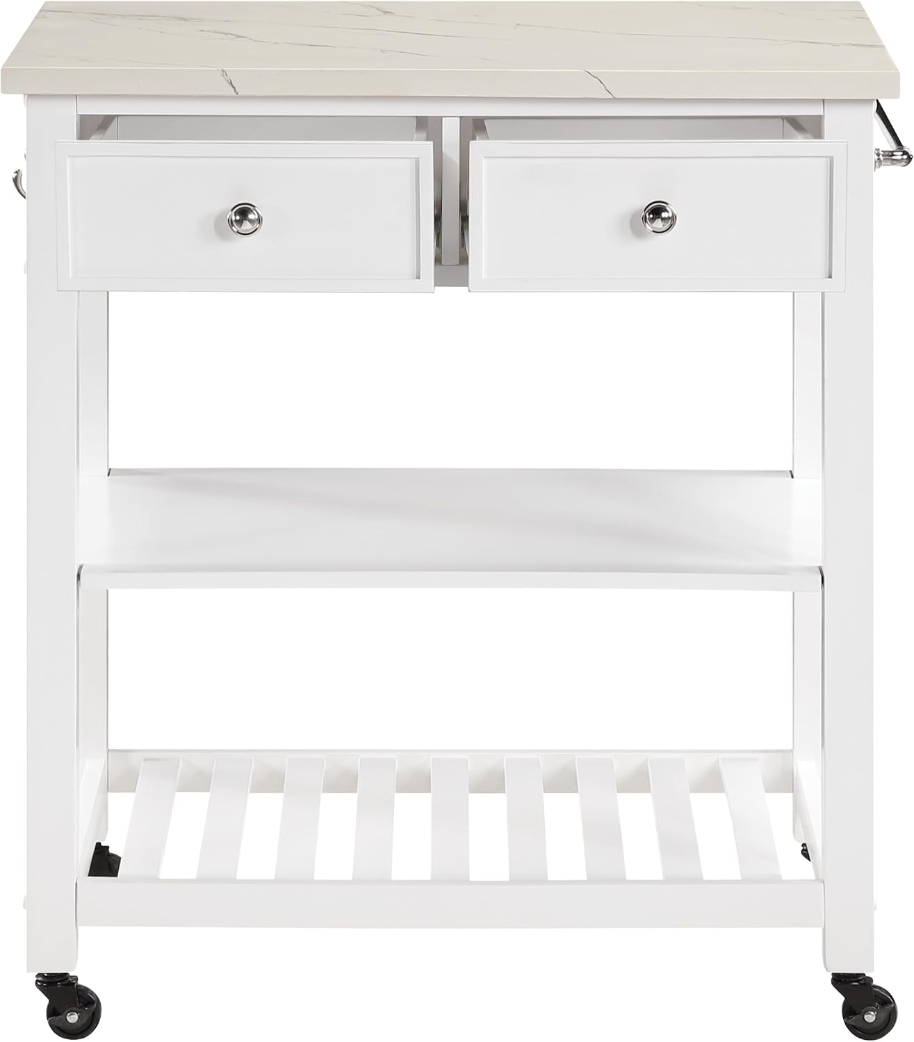 OSP Home Furnishings Litchfield Modern Farmhouse Kitchen Cart, Solid Wood Frame with Storage Drawers, Shelves, Locking Casters, White with Faux Marble Top
