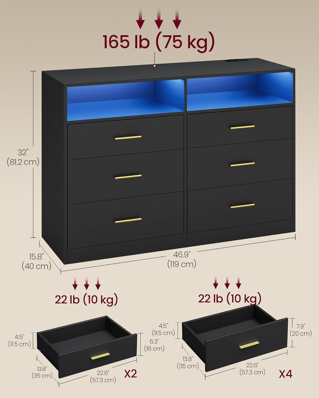 VASAGLE Custos Collection - Dresser for Bedroom, with LED Lights and Power Strip, Chest of Drawers, Modern, TV Stand for Living Room, 6 Drawers, 15.8 x 46.9 x 32 Inches, Ink Black ULTS316BC01S
