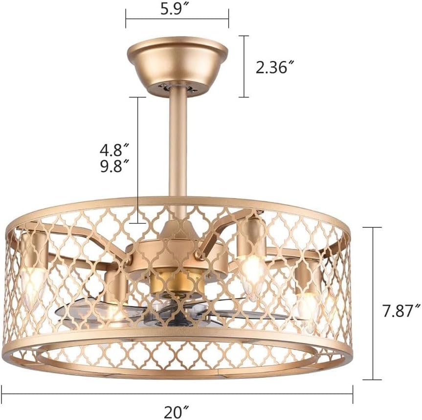 LYZAP Enclosed Ceiling Fan Indoor Remote，20inch Industrial Ceiling Fan with Lights，Gold Caged Retro Ceiling Fan Metal Bladeless，Chandelier Fan Lighting Fixture for Living Dining Room Bedroom Kitchen
