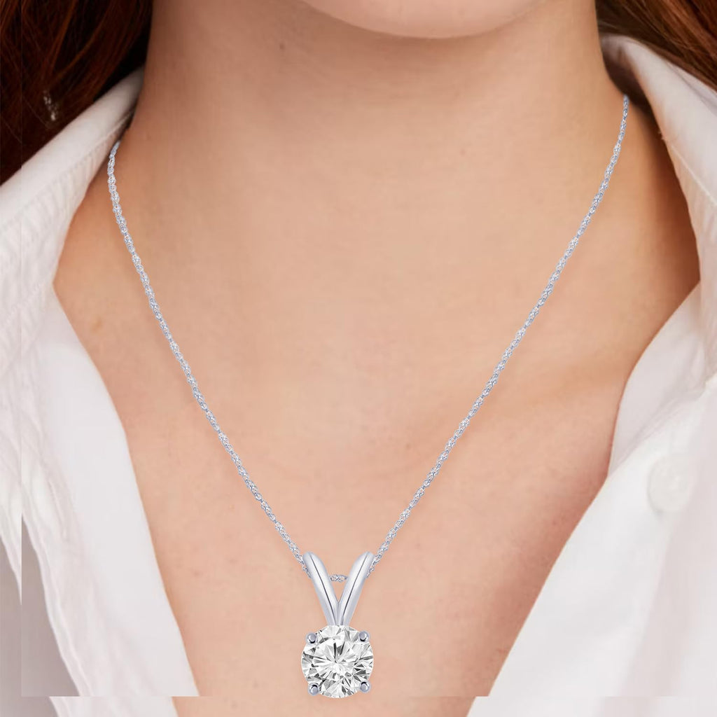 0.5 to 10 Carat 14K White Gold Lab Grown Diamond Solitaire Pendant Necklace, Round Cut Solitaire, 4-Prong Setting, Jewelry for Women (E-F, VS)