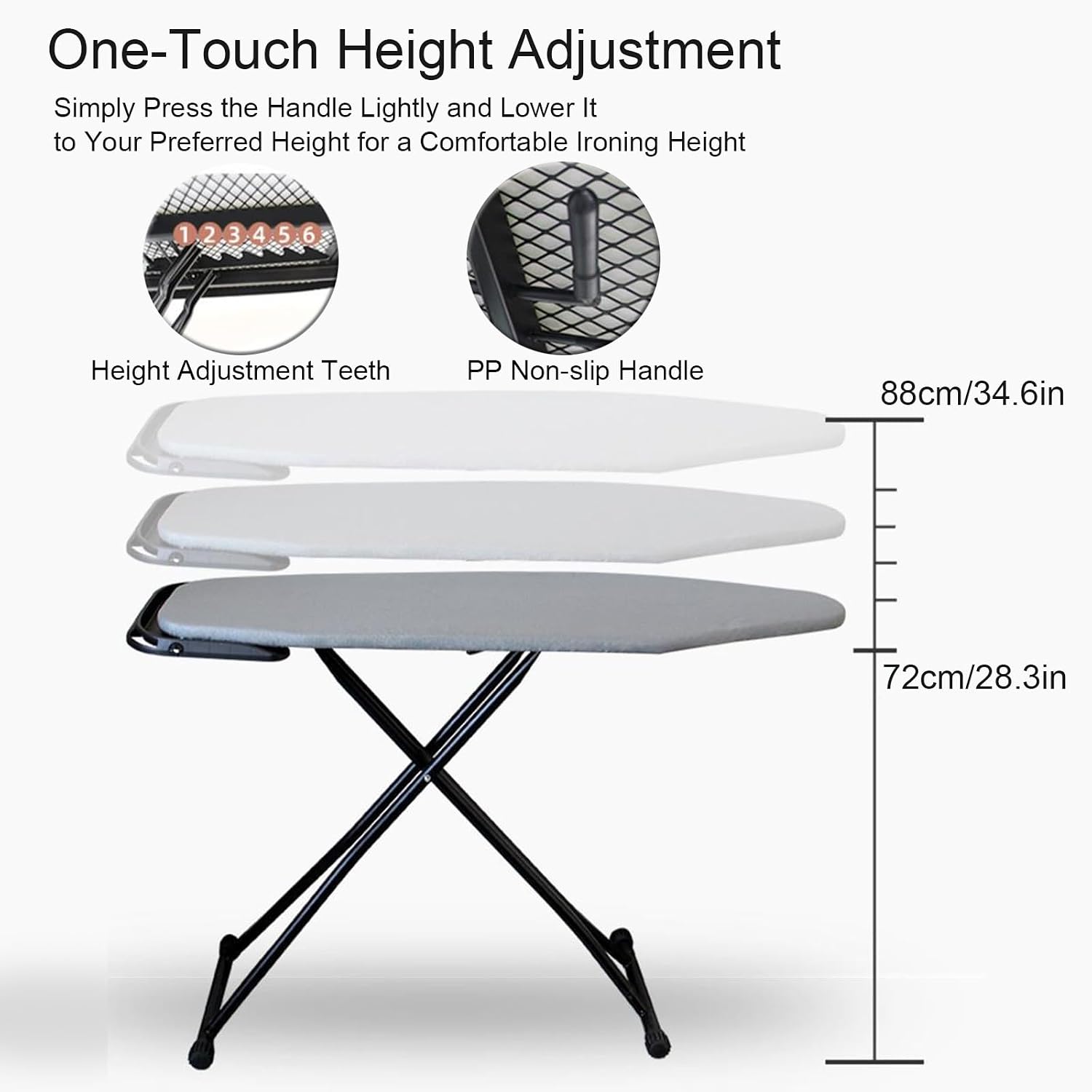 Compact Folding Ironing Board with Retractable Iron Rest, Adjustable Ironing Board with 6 Heights for Home Laundry, Hotel, Sewing Room Use