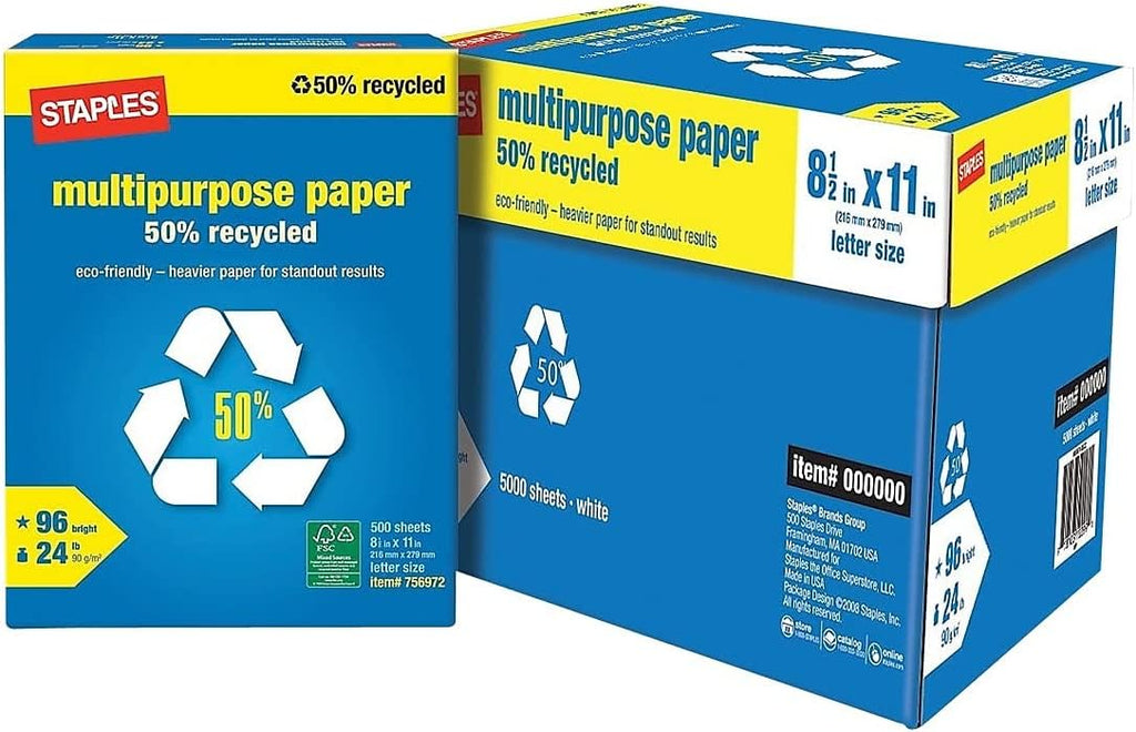 Staples 50% Recycled 8.5-Inch x 11-Inch Multipurpose Paper 24 lbs 96 Bright, 10 RM/CT, For Office, School & Home