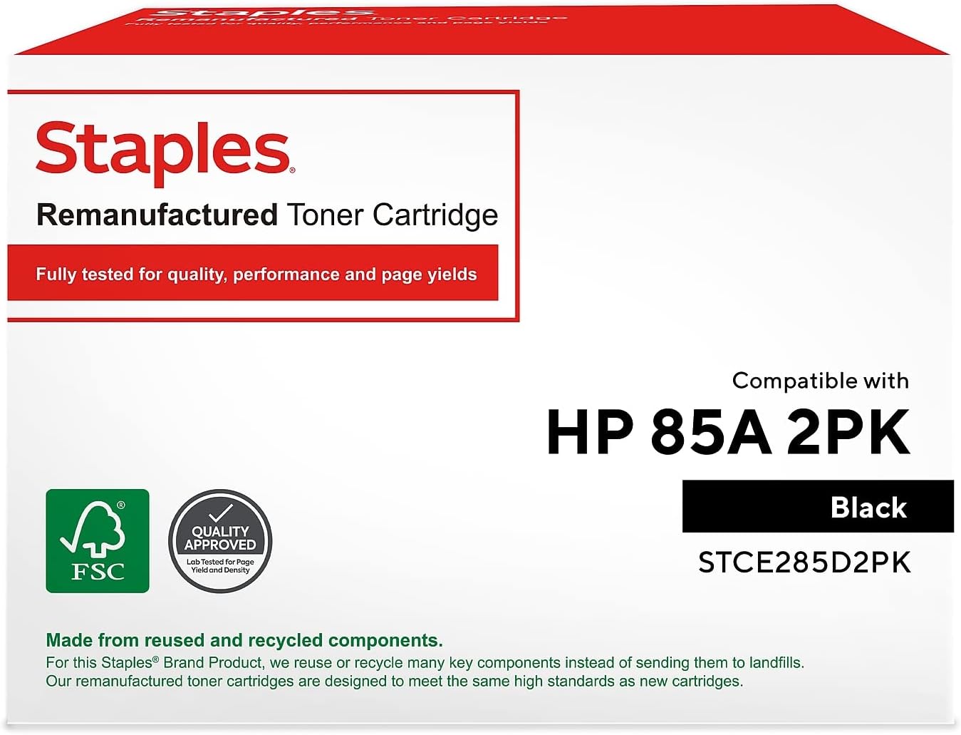 STAPLES Remanufactured 85A Toner Cartridges Black Standard Yield Replacement for HP 85A (2-Pack)