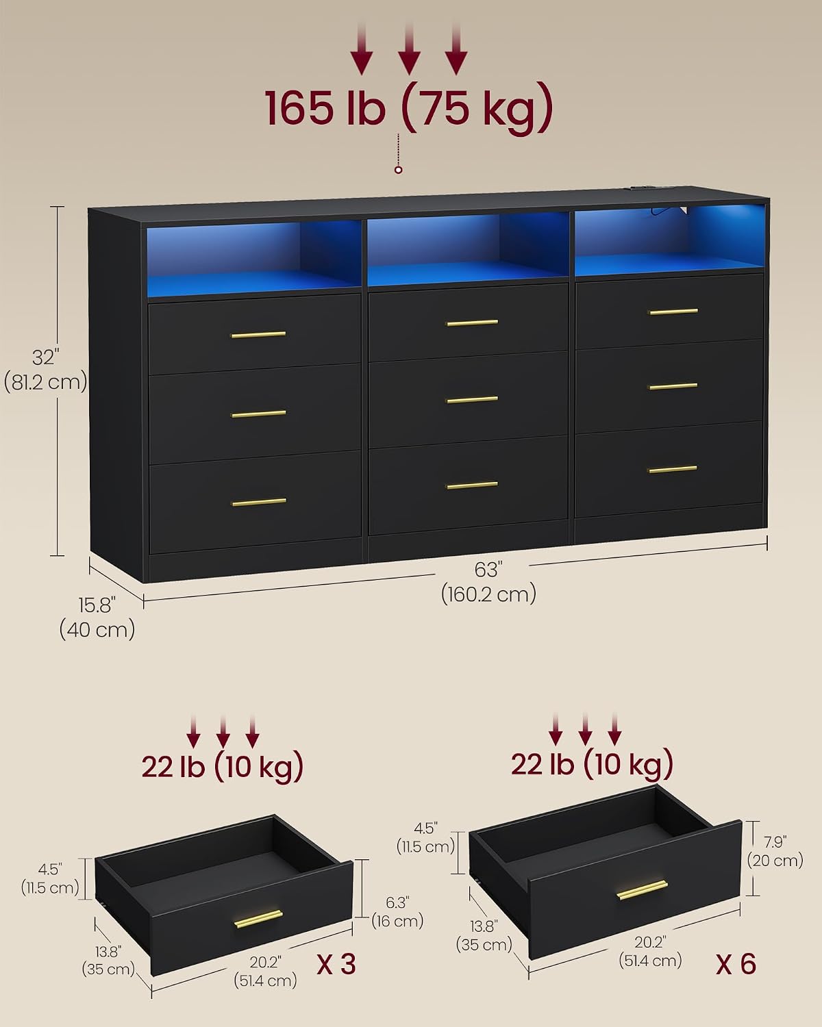 VASAGLE Custos Collection - Dresser for Bedroom, with LED Lights and Power Strip, Chest of Drawers, Modern, TV Stand for Living Room, 9 Drawers, 15.8 x 63 x 32 Inches, Ink Black ULTS319BC01S