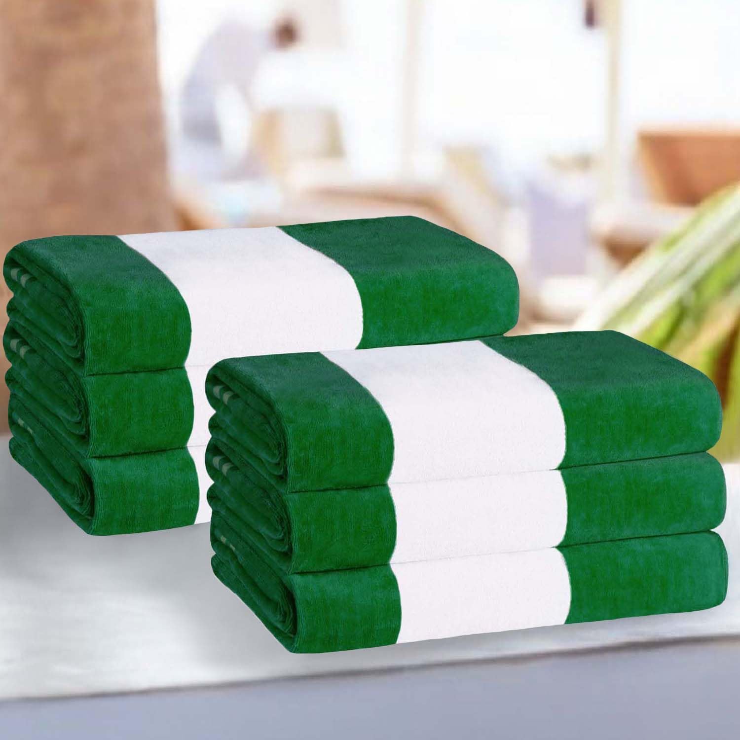 Superior Cotton Striped Beach Towels, Colorful Towels for Adult, Kid, Pool, Swimming, Sand, Travel, Large Oversized, Absorbent, Fast Drying, Bath Basics, Cabana Collection, Set of 6, Dark Green