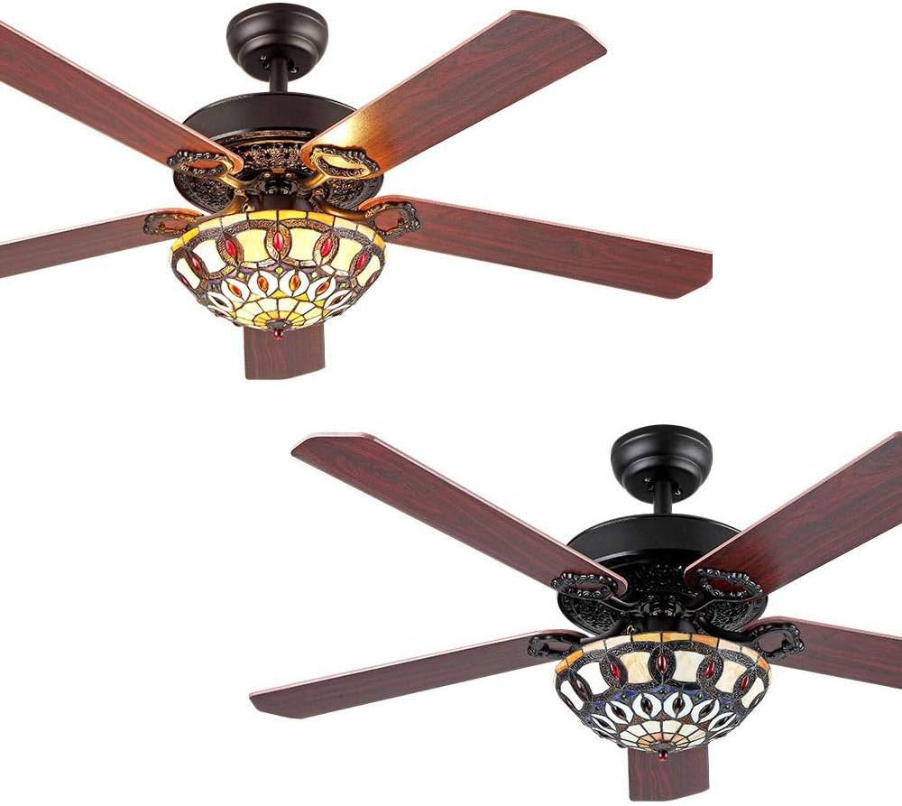 TFCFL 52' Ceiling Fan with Light, Tiffany Style Retro Stained Glass Chandelier Fan with Controller 4 Reversible Wood Blades 3-Speed (Black)