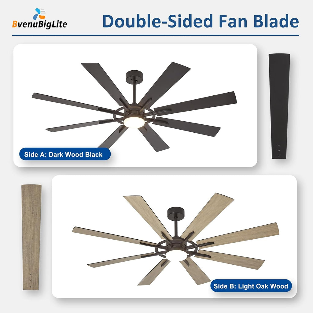 Large Ceiling Fans with Lights: Modern 66 Inch 8 Blade Outdoor Ceiling Fan with Remote APP Control - Dimmable Black Big Fan light Indoor Reversible 6 Speed Quiet DC Motor