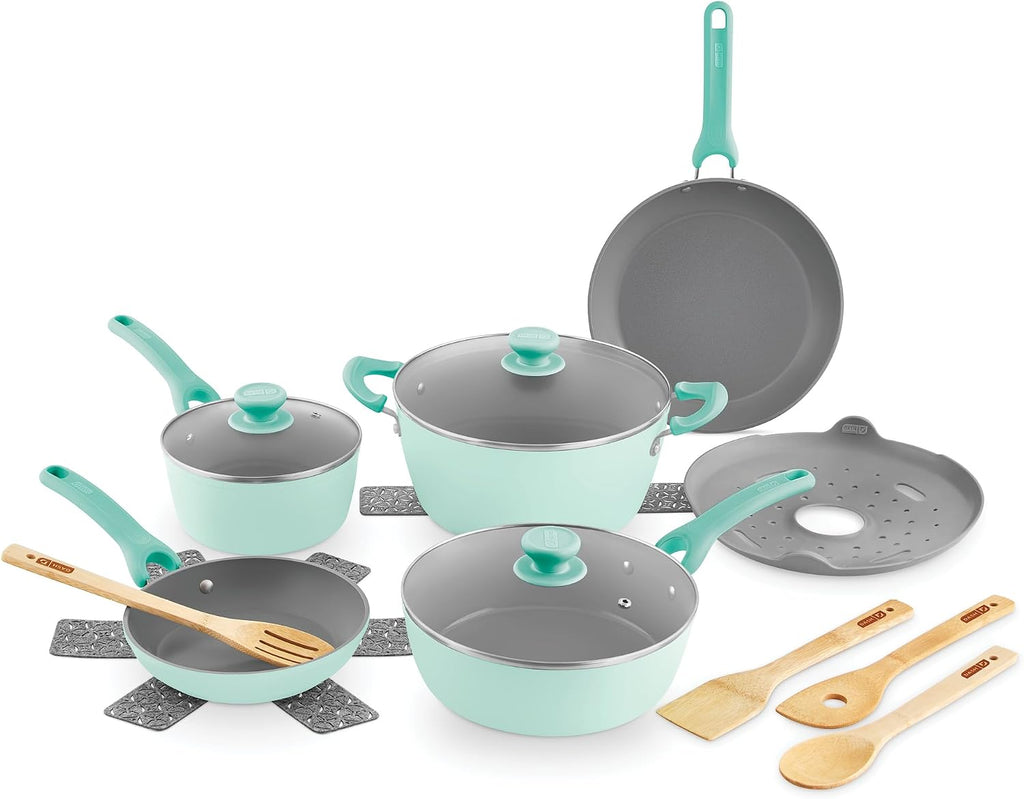 Dash Dream Green Recycled Aluminum Cookware Set - Ceramic Cookware Set - CleanCoating™ Nonstick Coating - Induction Compatible and Oven Safe - Aqua, 15-Piece Set