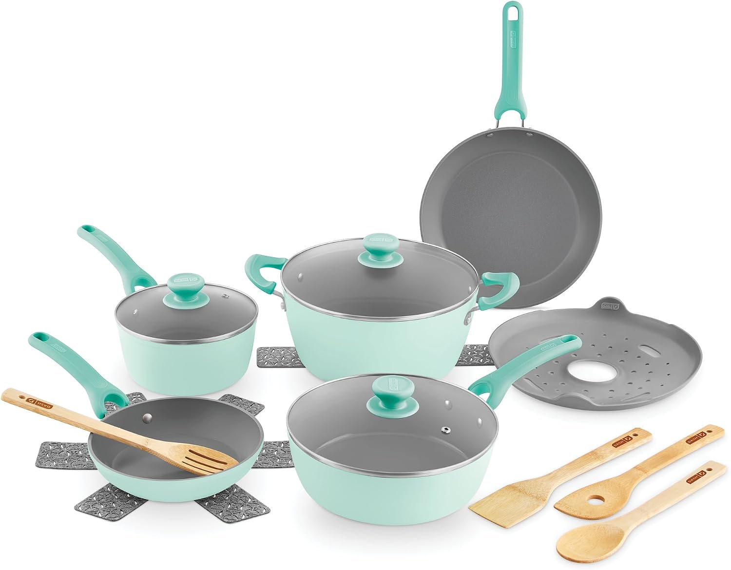Dash Dream Green Recycled Aluminum Cookware Set - Ceramic Cookware Set - CleanCoating™ Nonstick Coating - Induction Compatible and Oven Safe - Aqua, 15-Piece Set