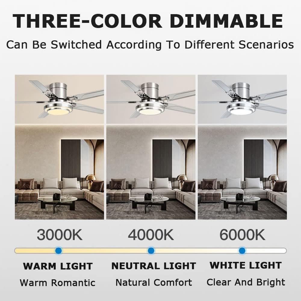 Modern Large Stainless Steel Ceiling-Mounted Fan Light Indoor Lighting Low Profile 42 Inch Ceiling Fan Lamp 6-Speed Dimmable Outdoor Ceiling Fans for Restaurant Living Room Patios