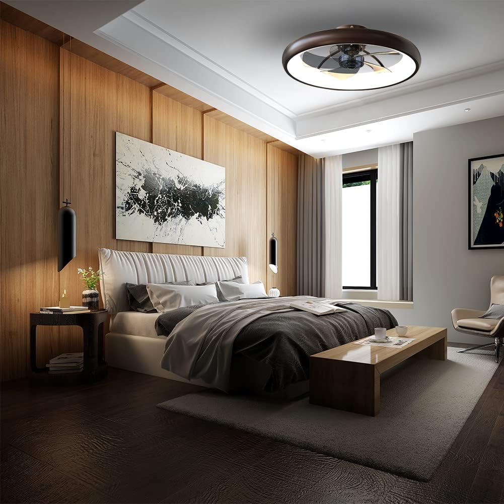 Ceiling Fan with Lights Dimmable LED Reversible Blades Timing with Remote Control, 5 Invisible Blades Semi Flush Mount Low Profile Fan (21.5in, Brown)