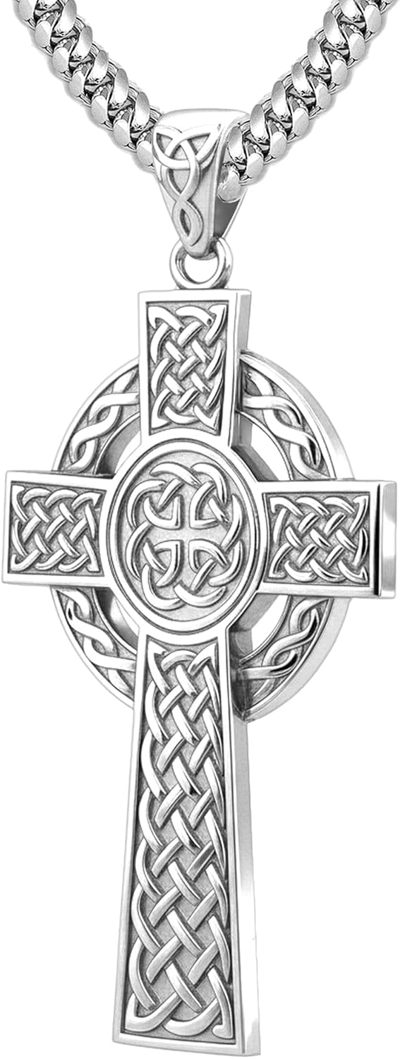US Jewels Men's 925 Sterling Silver 43mm High Polished Irish Celtic Knot Cross Religious Pendant Necklace, 22in to 26in