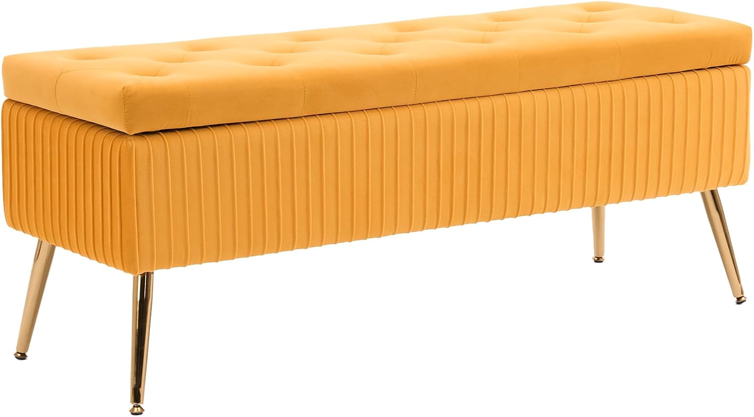 Velvet Storage Bench for Bedroom, Upholstered End of Bed Bench Modern Tufted Ottoman with Gold Legs for Living Room/Window/Entryway (Mustard Yellow, Rectangle-45.5' W)