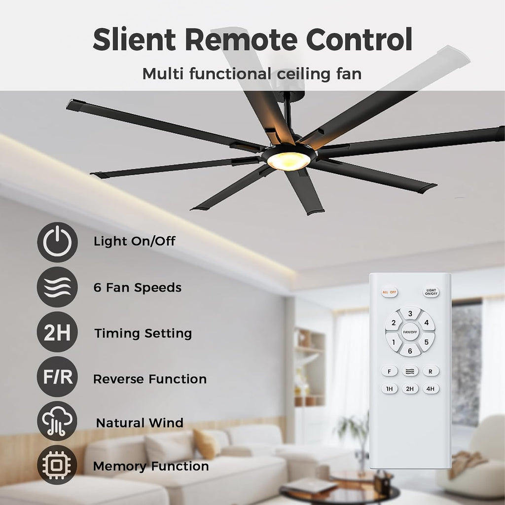 Obabala 72 Inch Industrial Ceiling Fan with Light and Remote Control, Large Ceiling Fans 8 Aluminum Blades, Quiet 35dB DC Motor, 6 Speed Dimmable LED, Indoor Outdoor for Garage Warehouse Patio