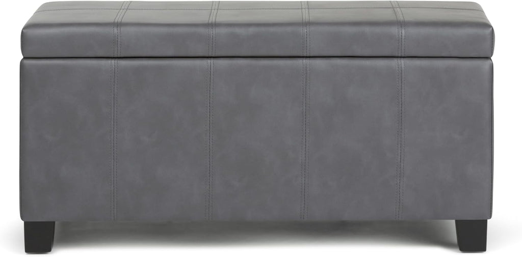 SIMPLIHOME Dover Storage Ottoman Bench - 36 inch Wide Upholstered Vegan Leather Rectangular Lift-Top Ottoman in Stone Grey, Contemporary Bench for Living Room with Safety Hinges