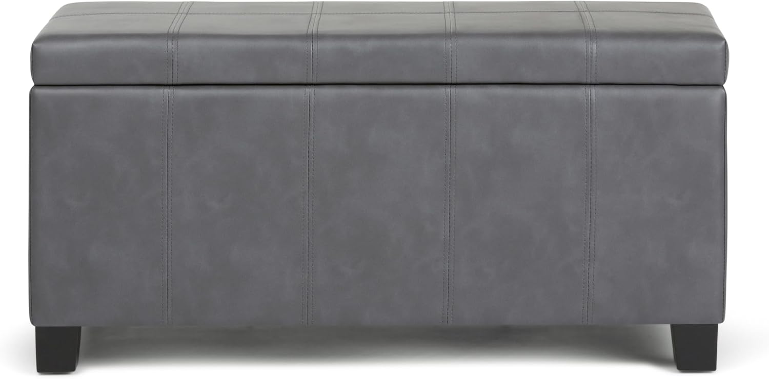 SIMPLIHOME Dover Storage Ottoman Bench - 36 inch Wide Upholstered Vegan Leather Rectangular Lift-Top Ottoman in Stone Grey, Contemporary Bench for Living Room with Safety Hinges